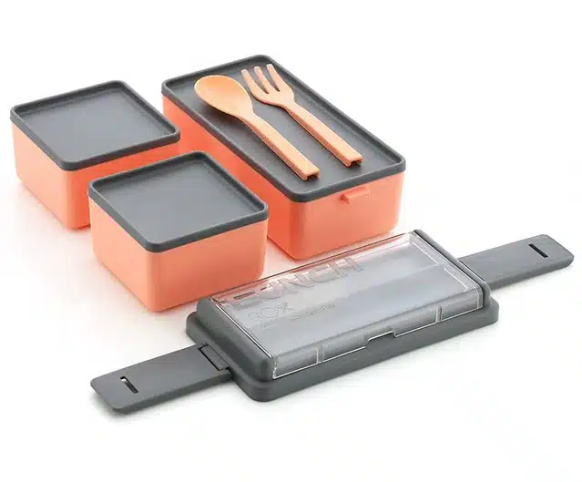 Plastic 3 Section Lunch Box (Grey & Orange)