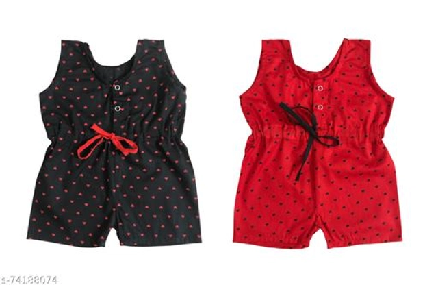 Cotton Jumpsuit for Girls (Red & Black, 6-9 Months) (Pack of 2)