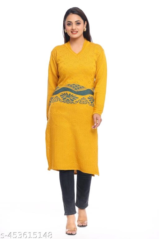 Woolen Printed Kurti for Women (Mustard, L)