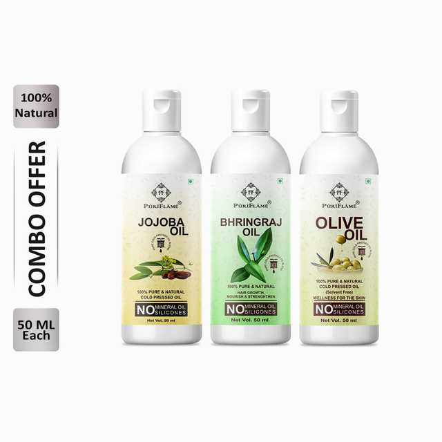 Puriflame Pure Jojoba Oil (50 ml), Bhringraj Oil (50 ml) & Olive Oil (50 ml) Combo for Rapid Hair Growth (Pack Of 3) (B-11410)