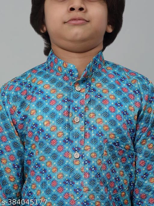 Cotton Blend Kurta with Pyjama for Boys (Blue & White, 1-2 Years)