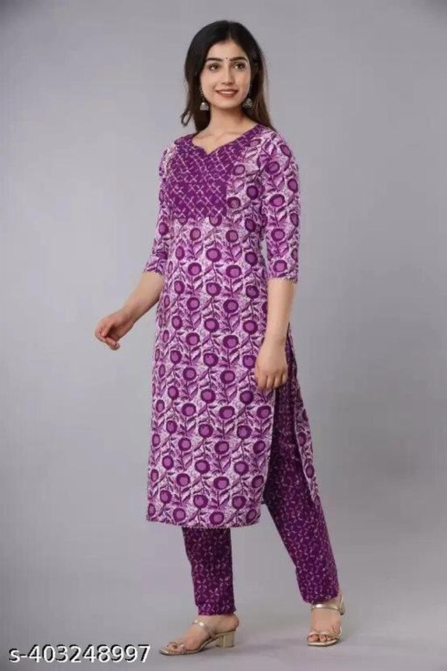 Rayon Printed Kurti with Pant for Women (Purple, S)