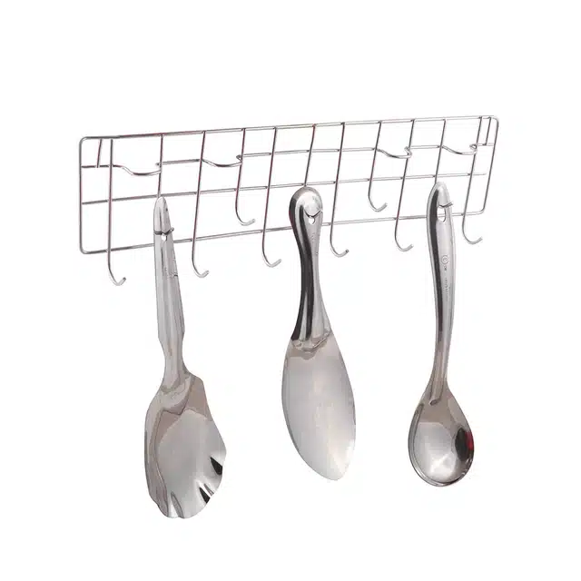 2 Pcs Stainless Steel Plate Stand & Chakla Belan Stand with Wall Mounted Ladle Rail (Set of 4, Silver)