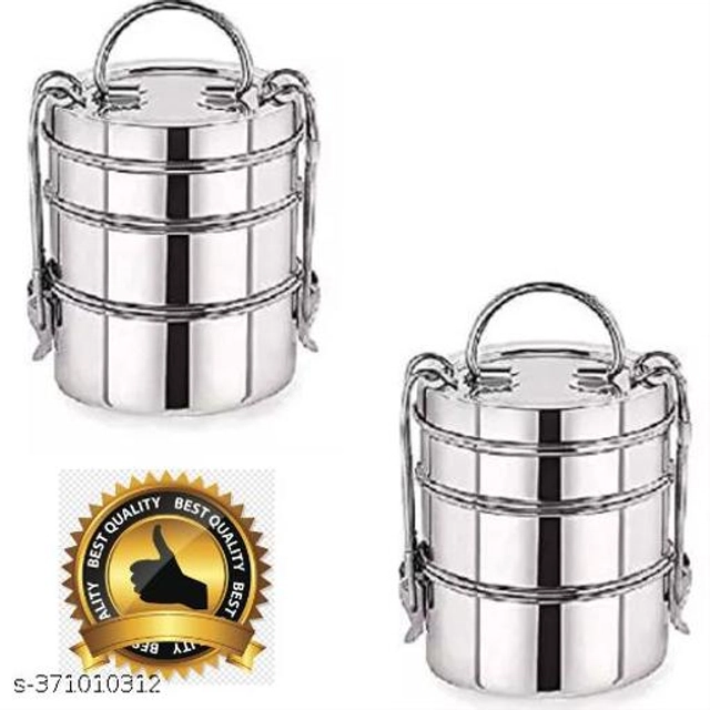 Stainless Steel 3 Layer Lunch Box (Silver, Pack of 2)