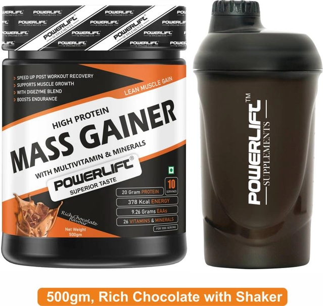 POWERLIFT for Muscle Protein Powder with Shaker Weight Gainers/Mass Gainers (500 g, Rich Chocolate) Pack of 1