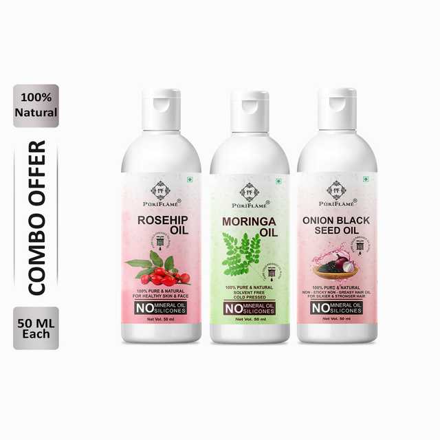 Puriflame Pure Rosehip Oil (50 ml), Moringa Oil (50 ml) & Onion Black Seed Oil (50 ml) Combo for Rapid Hair Growth (Pack Of 3) (B-13384)