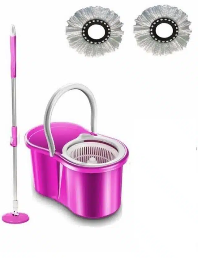 Plastic Spin Bucket Mop with 2 Refill (Pink, Set of 1)