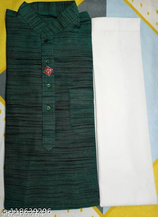 Khadi Cotton Solid Kurta with Pyjama for Men (Bottle Green & White, S)