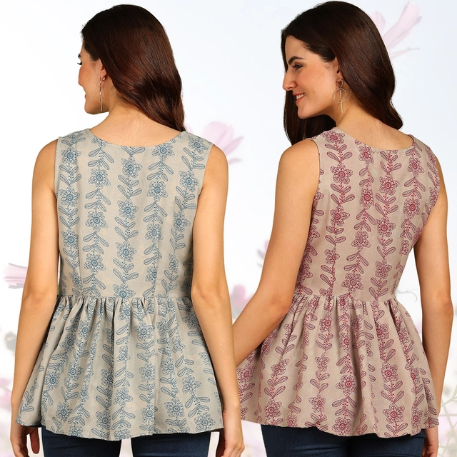 Rayon Printed Flared Top for Women (Blue & Maroon, S) (Pack of 2)