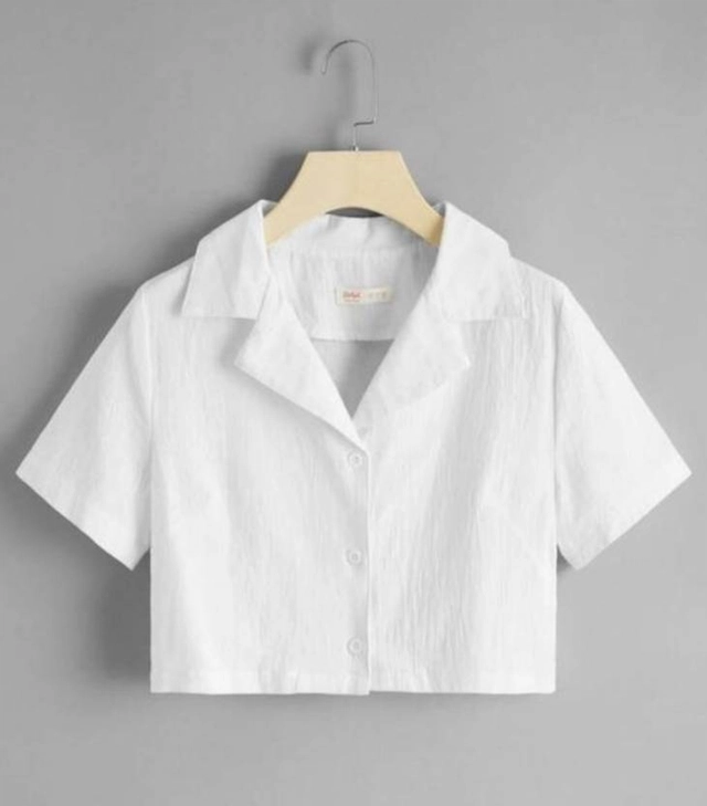 Half Sleeves Solid Crop Shirt for Women (White, S)