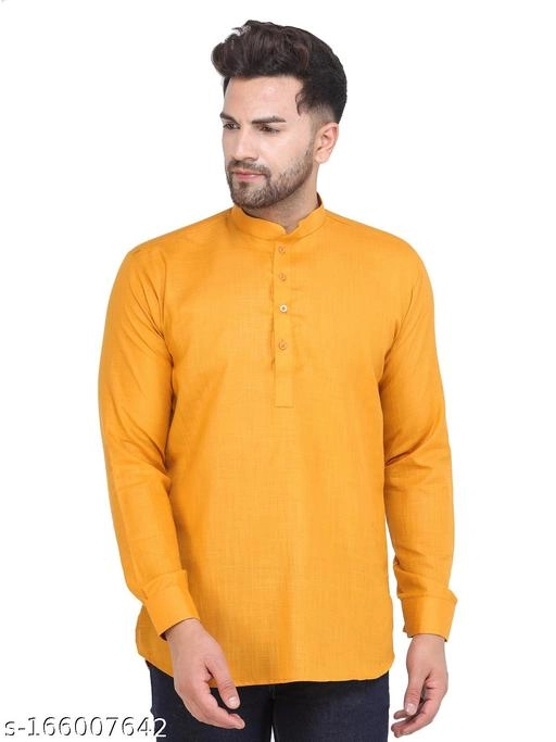 Cotton Blend Solid Short Kurta for Men (Mustard, S)