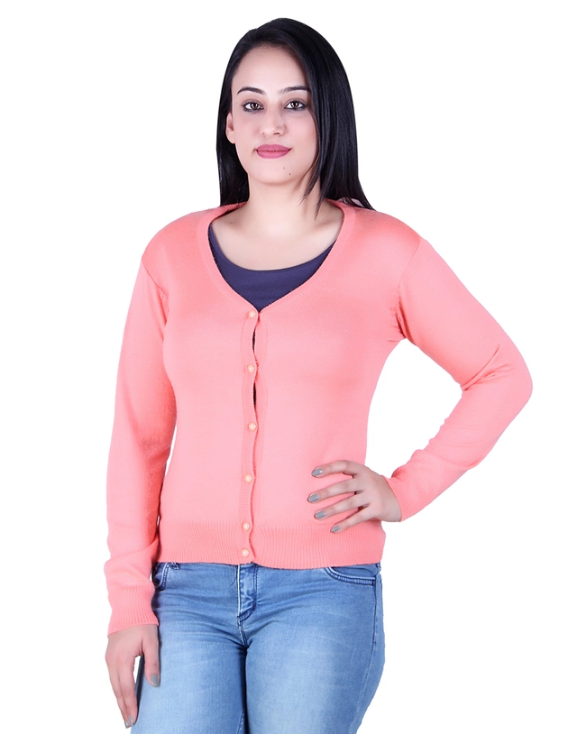 V Neck Solid Cardigans for Women (Peach, M)