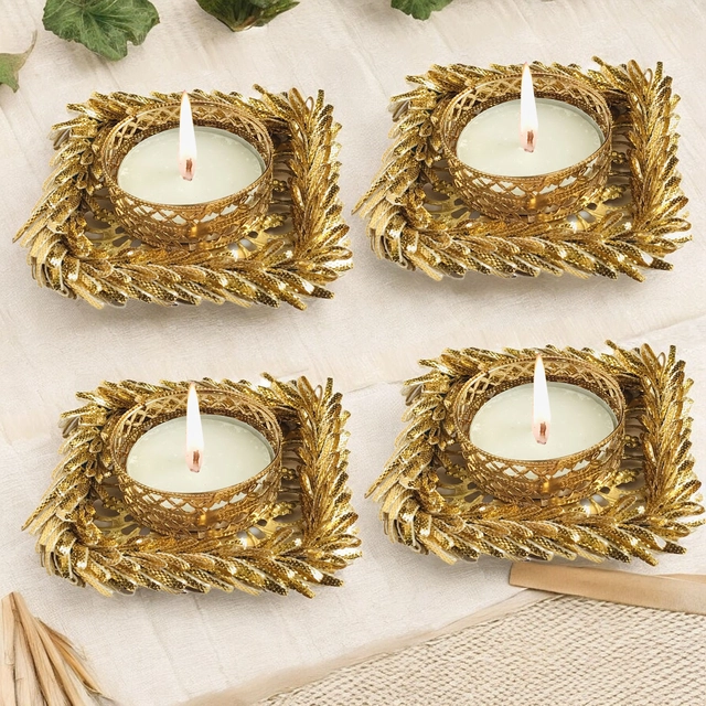 Metal Designer Tealight Candle Holder (Gold, 7.5x7.5x2 cm) (Pack of 4)