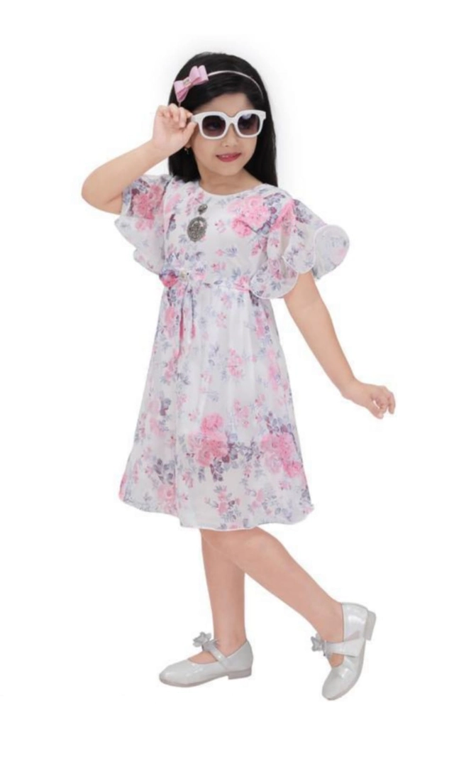 Georgette Printed Frock for Girls (White & Pink, 3-4 Years)