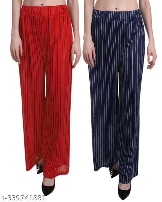 Polyester Palazzos for Women (Red & Navy Blue, 28) (Pack of 2)