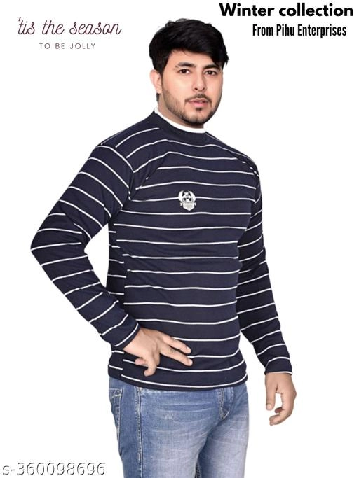 Woolen Striped Sweater for Men (Navy Blue, M)