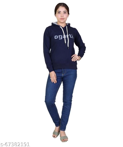 Cotton Blend Printed Hoodie for Women (Navy Blue, M)