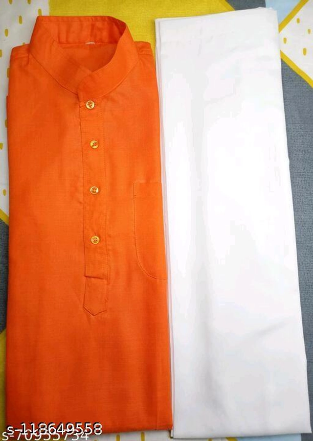 Cotton Solid Kurta with Pyjama for Men (Orange & White, S)