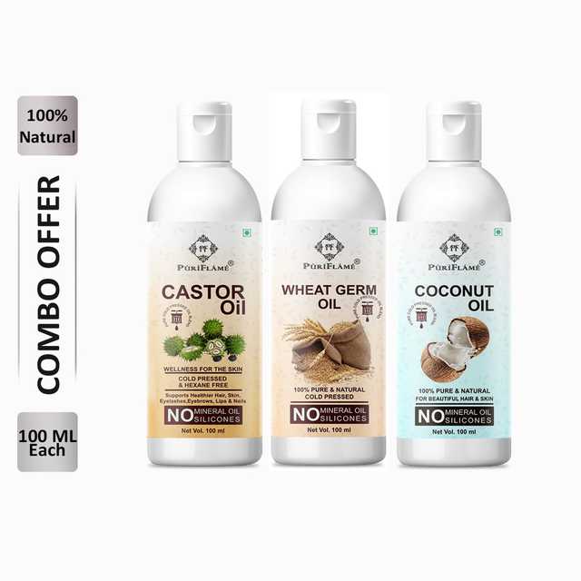 PuriFlame Pure Castor Oil (100 ml) & Wheat Germ Oil (100 ml) & Coconut Oil (100 ml) Combo For Rapid Hair Growth (Pack Of 3) (B-3624)