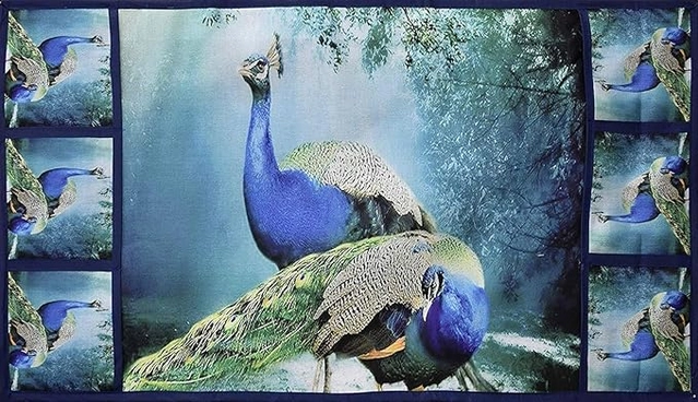 Knit Printed Fridge 4 Pcs Mat with 2 Pcs Handle & Top Cover (Peacock, Set of 1)