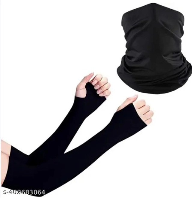 Cotton Arm Sleeves with Bandana Face Mask for Men & Women (Black, Set of 2)