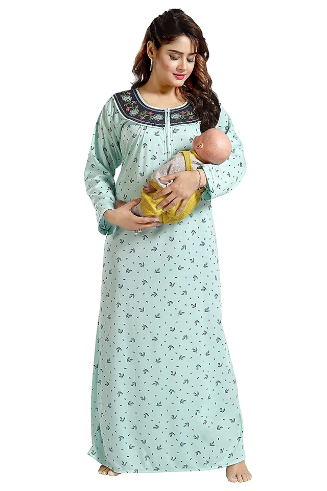 Satin Feeding Nighty for Women (Aqua Blue, Free Size)