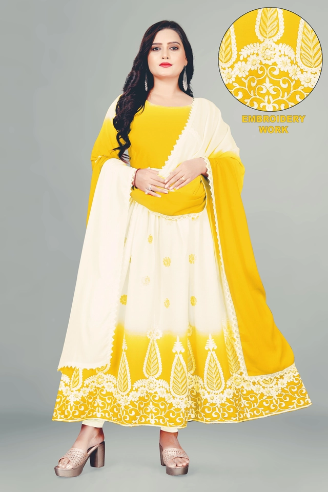 Jute Silk Ethnic Motif Gown with Dupatta for Women (Yellow & White, S)