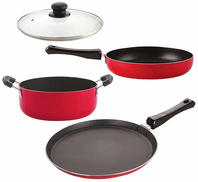 Aluminium Nonstick Cookwear Set with Glass Lid (Red, Set of 4)