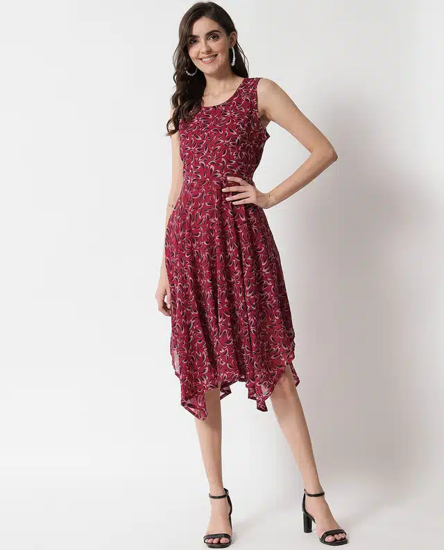 Floral Printed Asymmetric Dress for Women (Wine, S)
