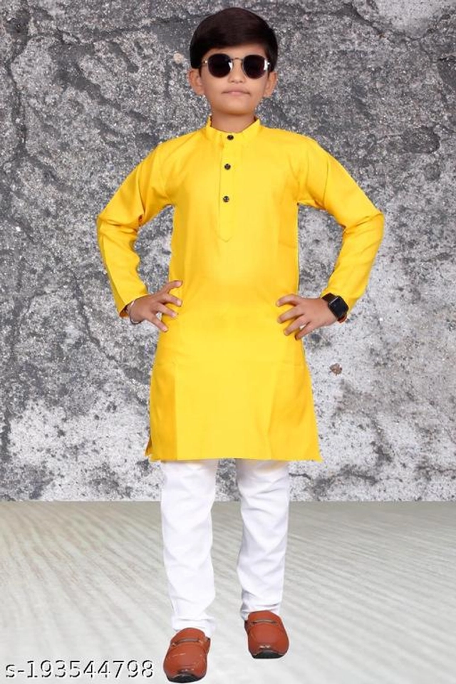 Cotton Blend Kurta Sets for Boys (2-3 Years, Yellow & White)