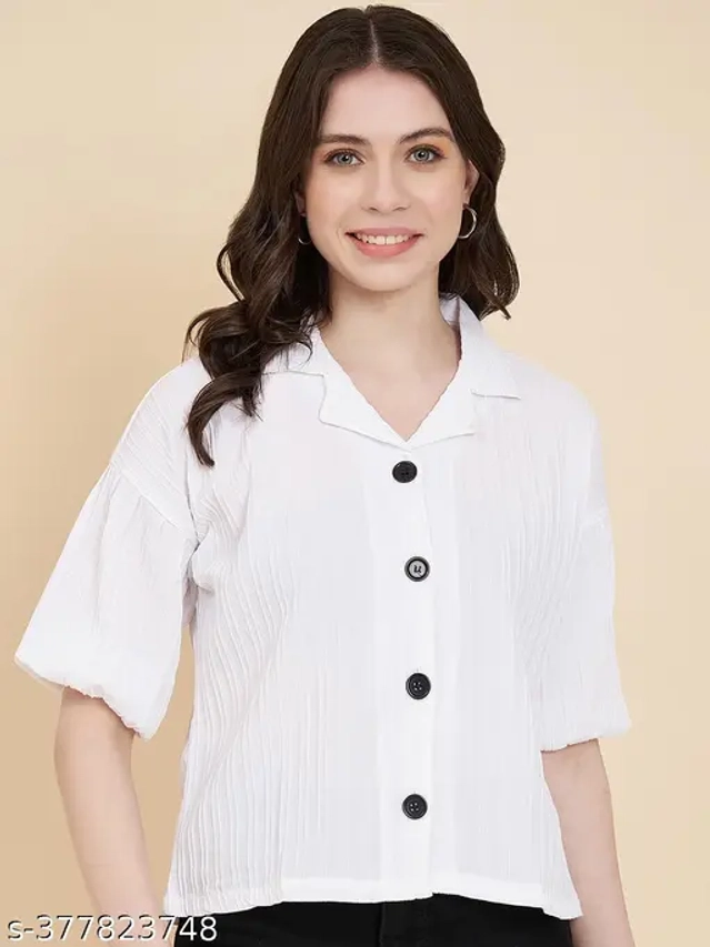 Cotton Blend Solid Shirt for Women (White, S)