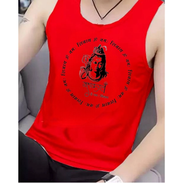 Polycotton Printed Gym Vest for Men (Red, S)