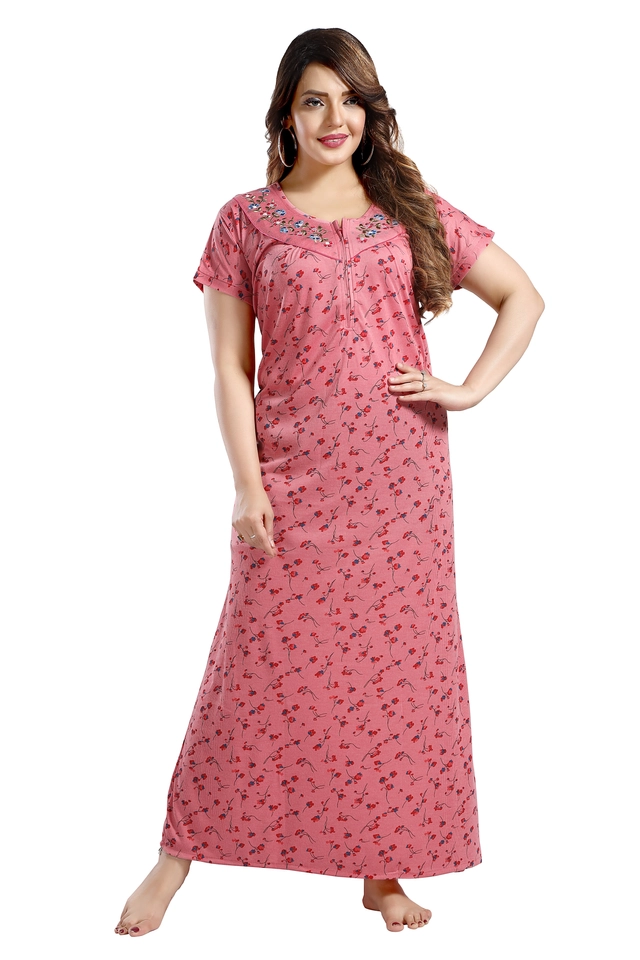 Hosiery Printed Nightdress for Women (Pink, M)