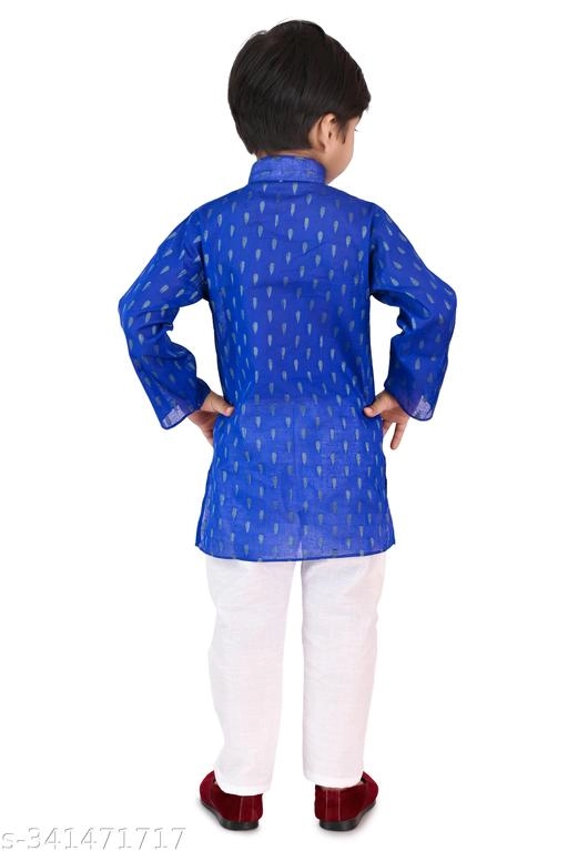 Cotton Blend Printed Kurta with Pyjama for Boys (Blue & White, 0-3 Months)