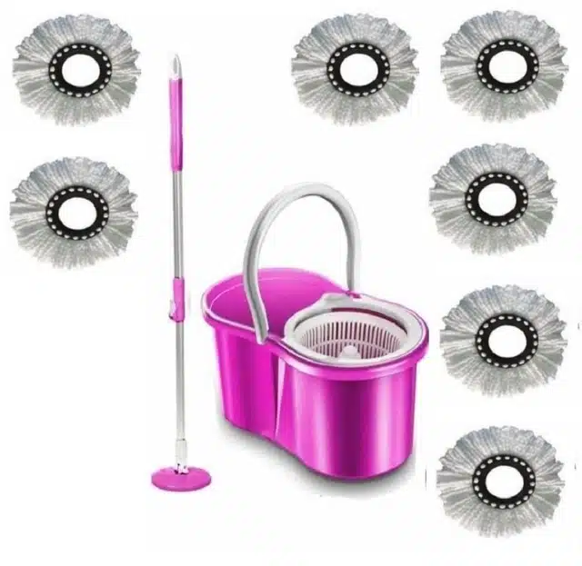 Plastic Spin Bucket Mop with 7 Refill (Pink, Set of 1)