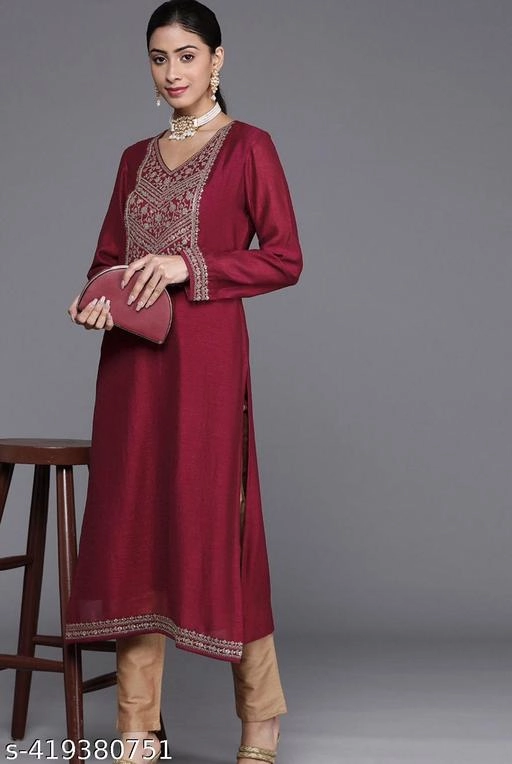 Silk Blend Embroidered Kurti for Women (Maroon, XS)