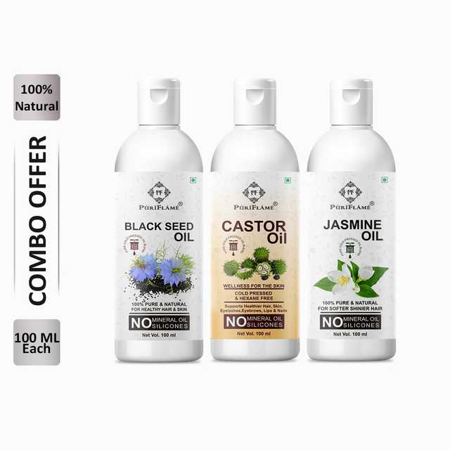 PuriFlame Pure Blackseed Oil (100 ml) & Castor Oil (100 ml) & Jasmine Oil (100 ml) Combo For Rapid Hair Growth (Pack Of 3) (B-3032)