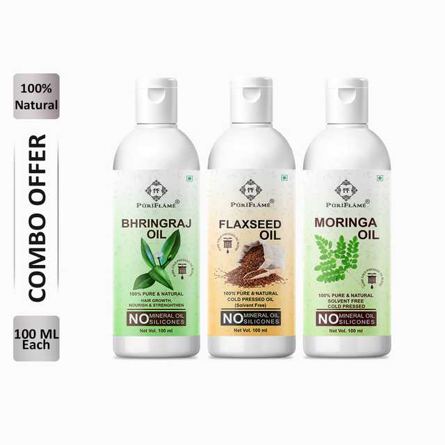 PuriFlame Pure Bhringraj Oil (100 ml) & Flaxseed Oil (100 ml) & Moringa Oil (100 ml) Combo For Rapid Hair Growth (Pack Of 3) (B-2728)
