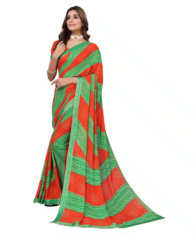 Women's Designer Saree With Blouse (Red & Green) (SD33)