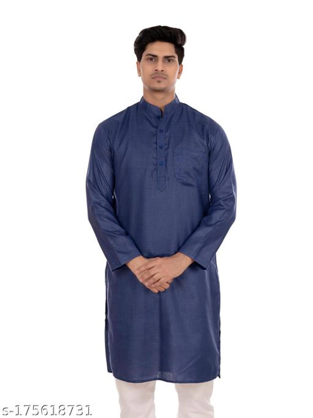 Cotton Blend Kurta for Men (Navy Blue, S)