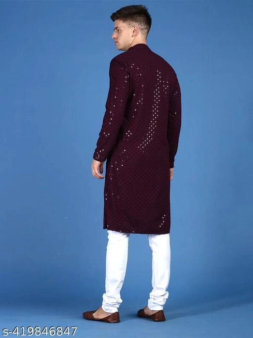 Viscose Embroidered Kurta for Men (S, Wine)