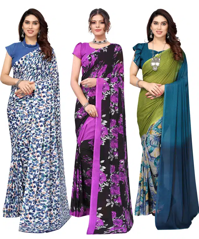 Women's Designer Floral Printed Saree with Blouse Piece (Pack of 3) (Multicolor) (SD-167)