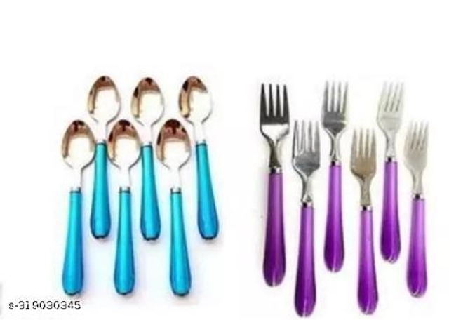 Stainless Steel Spoons (6 Pcs) with 6 Pcs Forks (Silver & Pink, Set of 2)