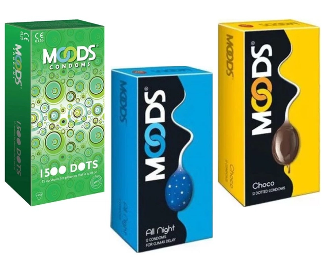 Moods 1500 Dots with Choco & All Night 12 Pcs Dotted Condoms for Men (Set of 3)