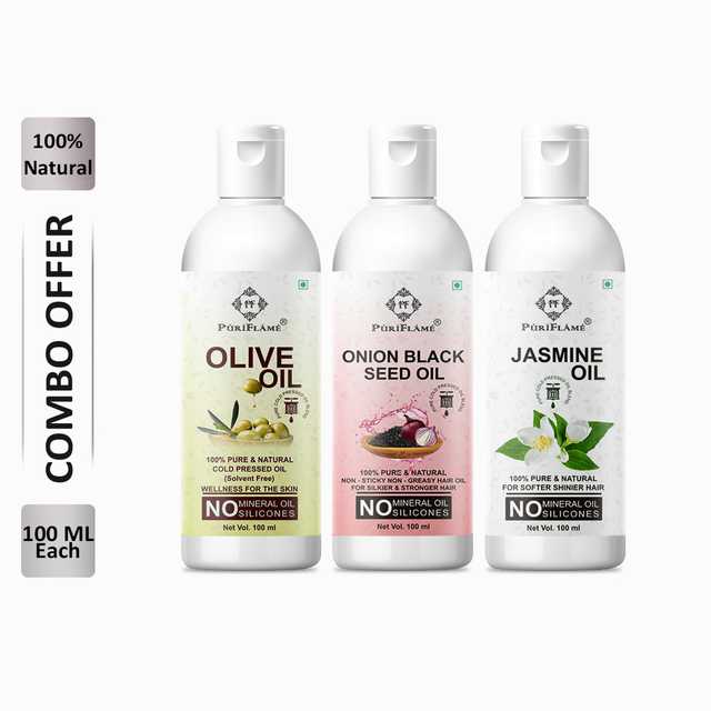 PuriFlame Pure Olive Oil (100 ml) & Onionblackseed Oil (100 ml) & Jasmine Oil (100 ml) Combo For Rapid Hair Growth (Pack Of 3) (B-6273)