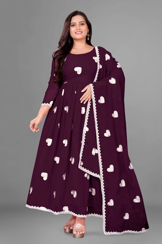 Georgette Ethnic Motif Gown with Dupatta for Women (Purple & White, S)