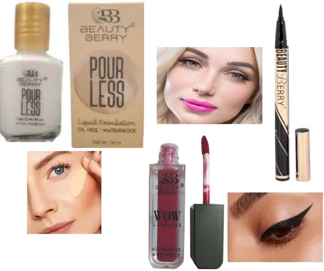 Combo of Beauty Berry Pourless Waterproof Liquid Foundation (30 ml) with Lip Gloss & Eyeliner (Multicolor, Set of 3)