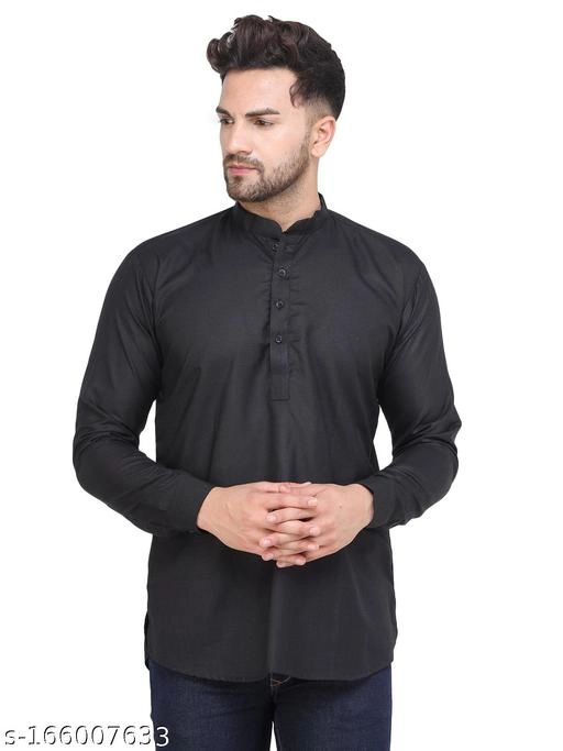 Cotton Blend Solid Short Kurta for Men (Black, S)