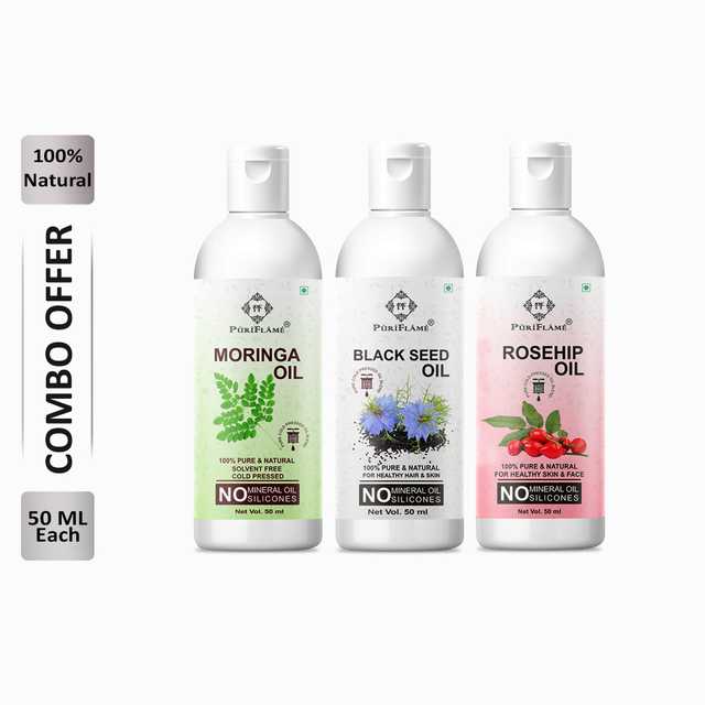 Puriflame Pure Moringa Oil (50 ml), Black Seed Oil (50 ml) & Rosehip Oil (50 ml) Combo for Rapid Hair Growth (Pack Of 3) (B-11736)