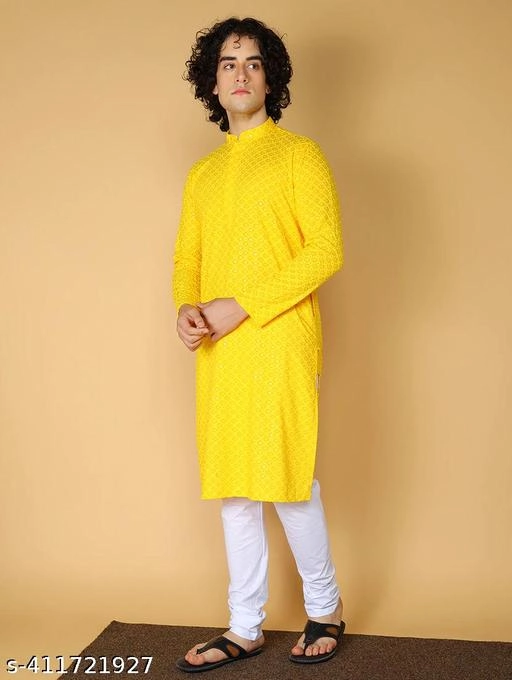 Viscose Embroidered Kurta with Pyjama for Men (S, Yellow & White)